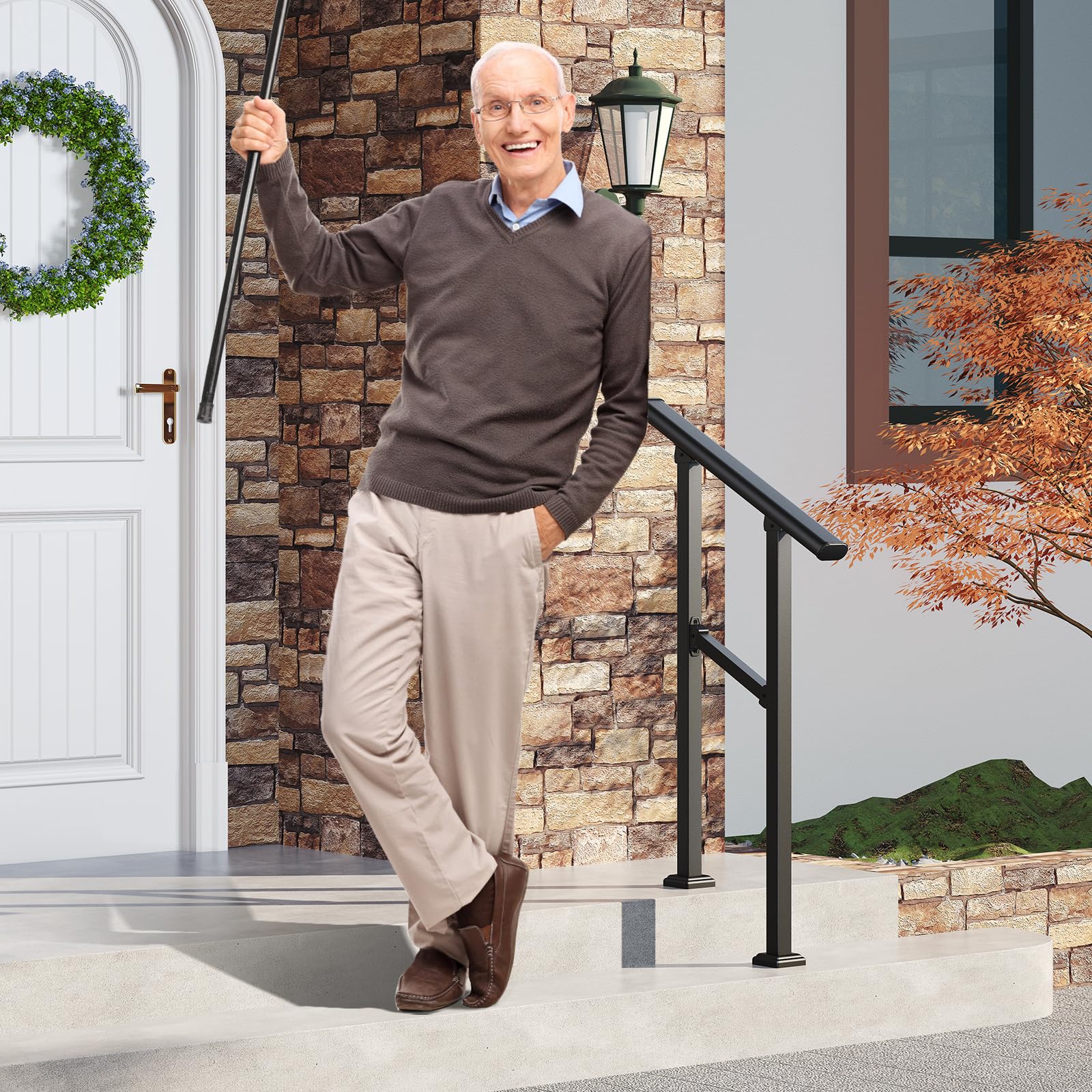 36 in. H x 26.5 in. W Black Wrought Iron Stair Railing Kit Handrails for Outdoor Steps Fit 1 or 2 Steps