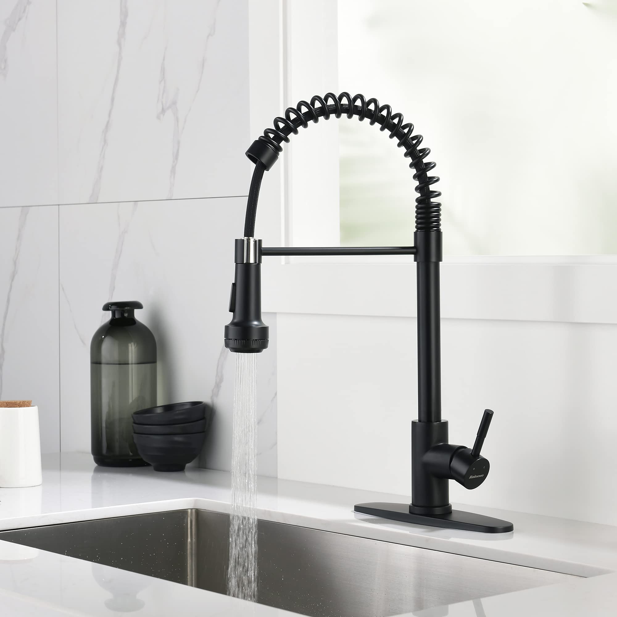 Kitchen Faucet with 4 Mode Pull Down Sprayer Matte Black