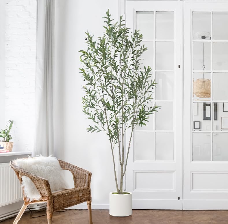 Olive Trees Artificial Indoor with Large White Planter and Natural Wood Trunk and Realistic Leaves