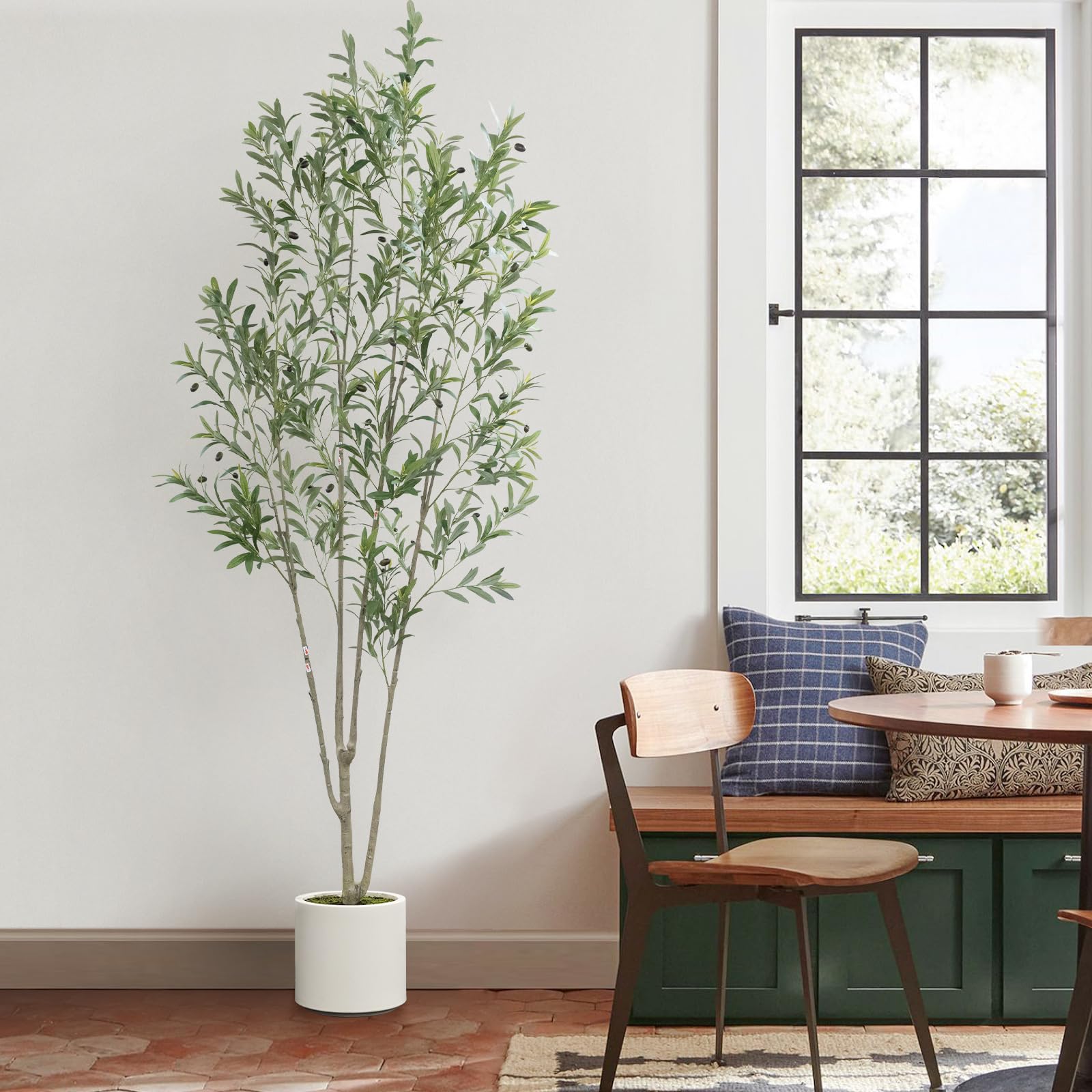 Olive Trees Artificial Indoor with Large White Planter and Natural Wood Trunk and Realistic Leaves
