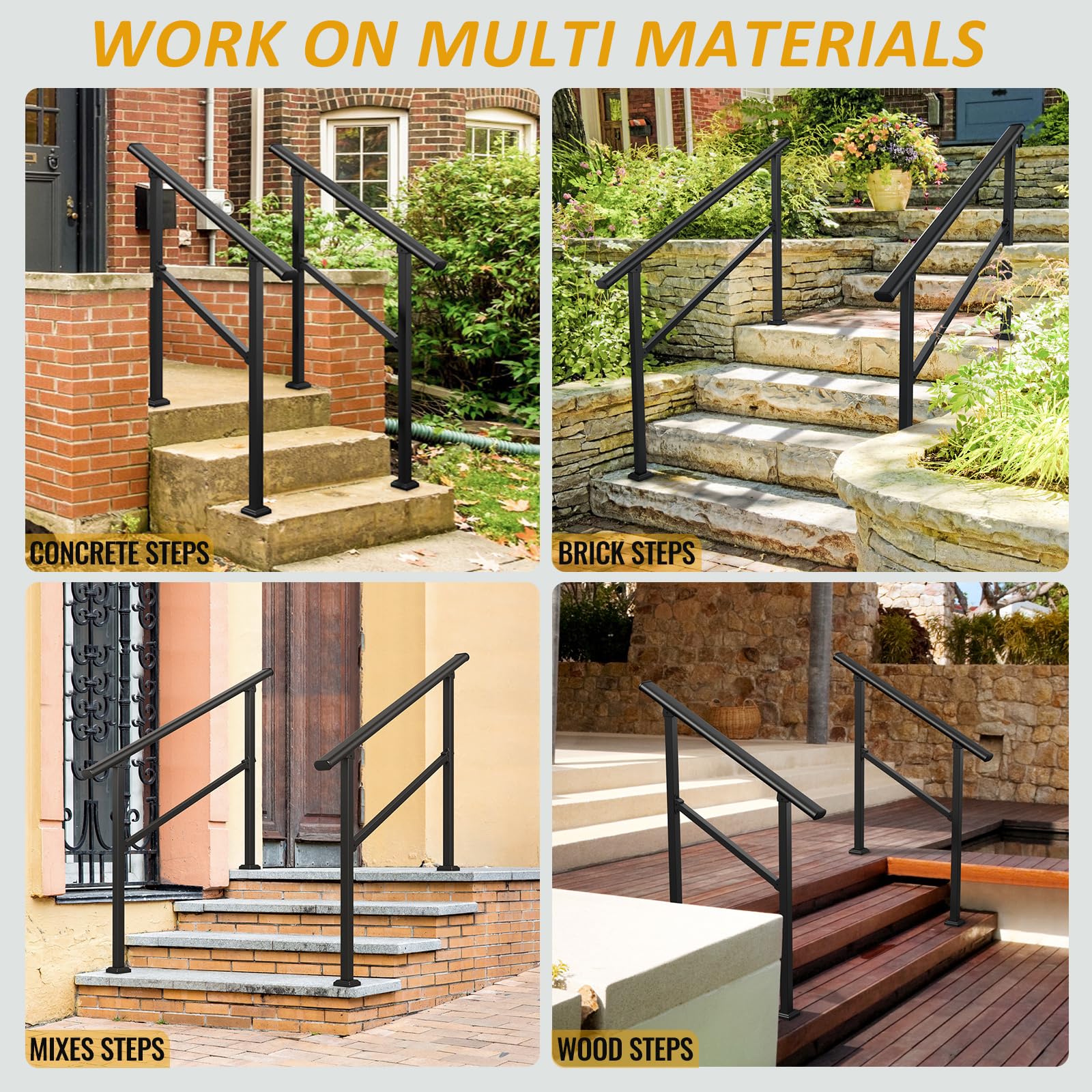 36 in. H x 26.5 in. W Black Wrought Iron Stair Railing Kit Handrails for Outdoor Steps Fit 1 or 2 Steps