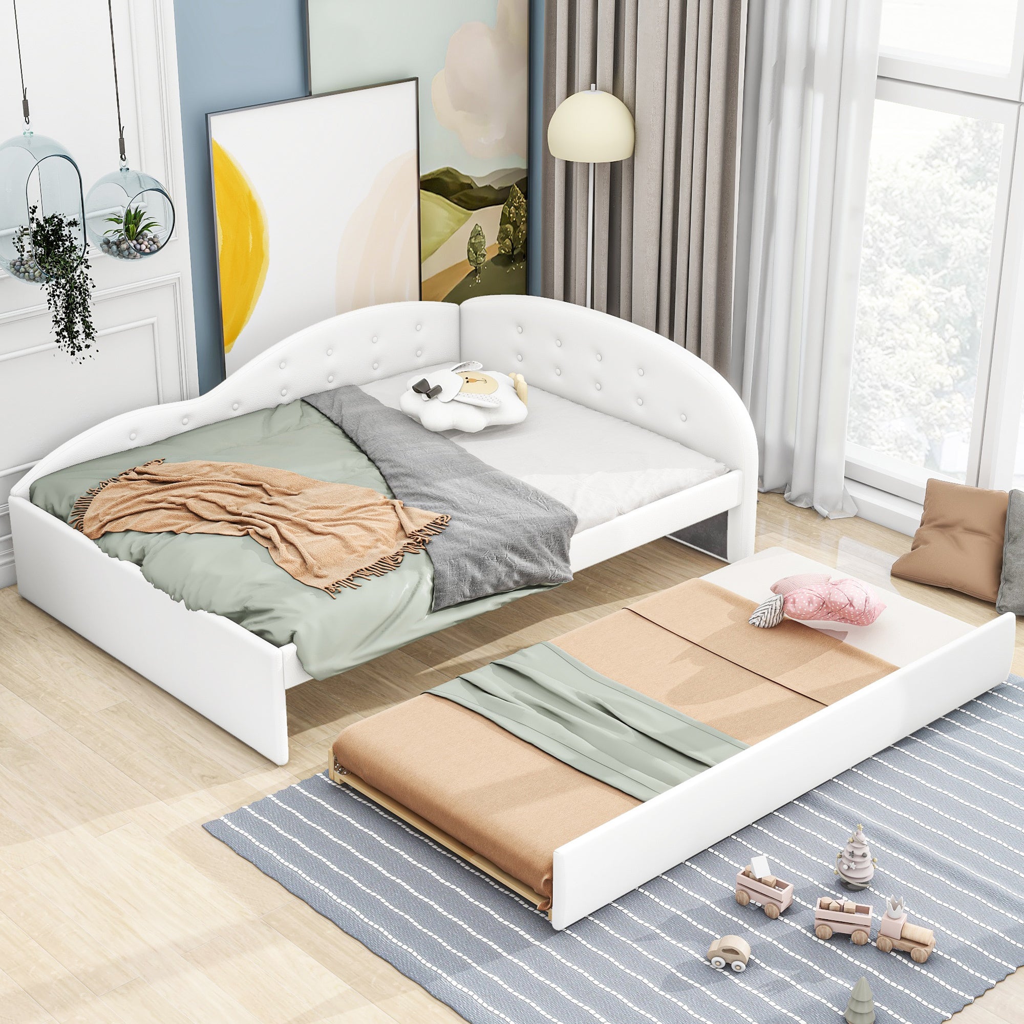 Full Size PU Upholstered Tufted Daybed with Trundle and Cloud Shaped Guardrail, White