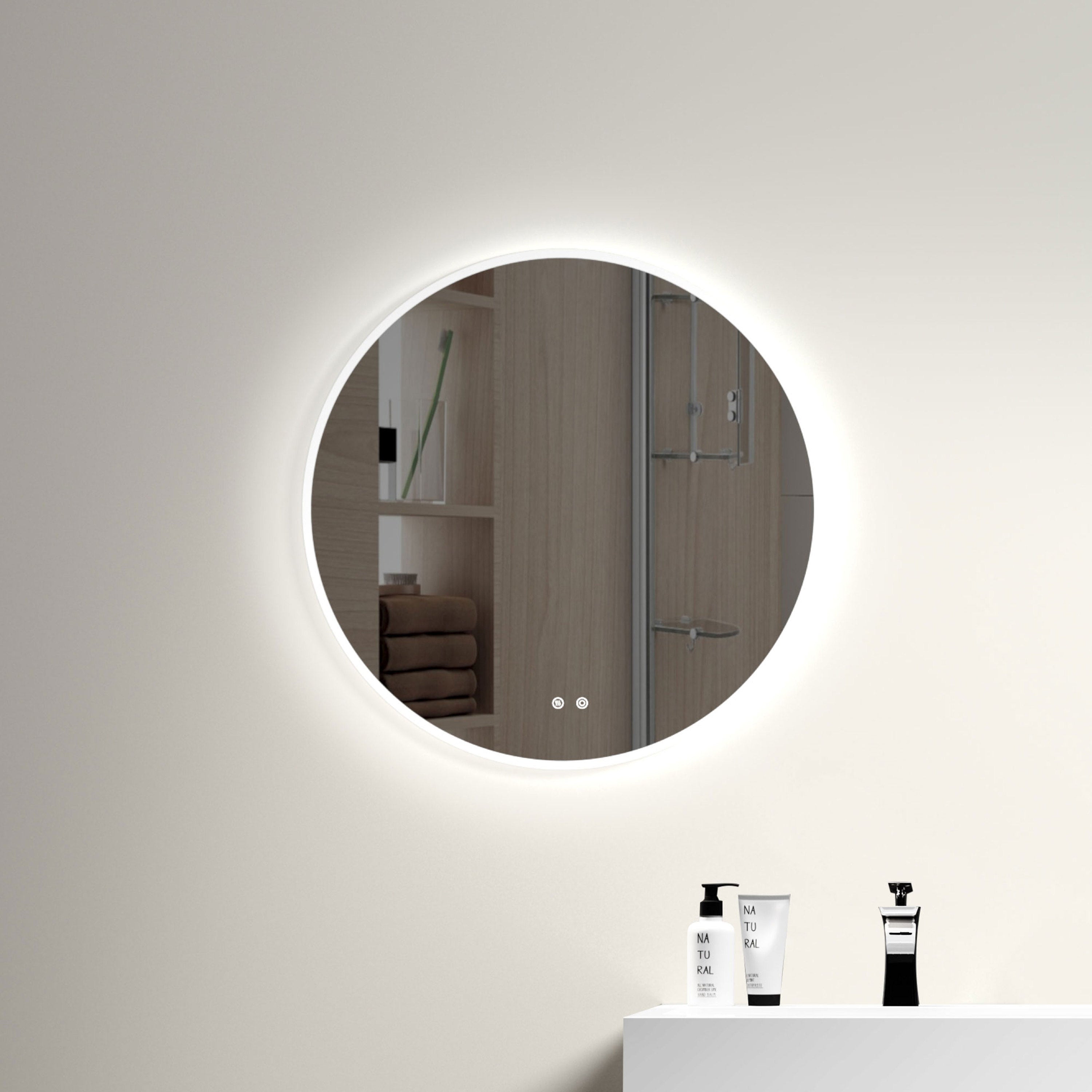 φ20" Modern LED Backlit Bathroom Mirror, Diffused Soft Light, Defogging Function, CRI>90, Adjustable Light Brightness & Temperature 3000K, 4500K, 6000K, 0.2" Thick High-definition Silver Mirror