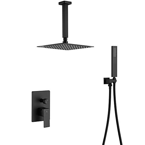 10 Inch Matte Black Shower System with High Pressure Rain Shower Head, Handheld Shower head, Bathroom Mixer Shower Set Celling Mounted Shower Faucet Rough-in Valve and Trim Kit Buylikepro