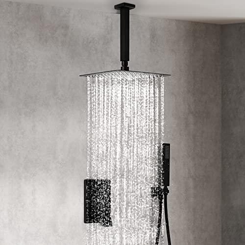 10 Inch Matte Black Shower System with High Pressure Rain Shower Head, Handheld Shower head, Bathroom Mixer Shower Set Celling Mounted Shower Faucet Rough-in Valve and Trim Kit Buylikepro