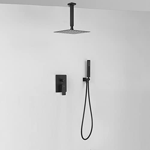 10 Inch Matte Black Shower System with High Pressure Rain Shower Head, Handheld Shower head, Bathroom Mixer Shower Set Celling Mounted Shower Faucet Rough-in Valve and Trim Kit Buylikepro