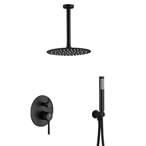 10 Inches Bathroom Rain Mixer Shower Combo Set Celling Mounted Rainfall Shower Head System Matte Black Finish Shower Faucet Rough-In Buylikepro