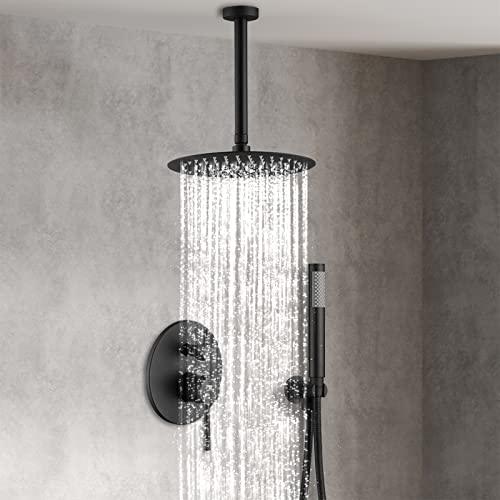 10 Inches Bathroom Rain Mixer Shower Combo Set Celling Mounted Rainfall Shower Head System Matte Black Finish Shower Faucet Rough-In Buylikepro
