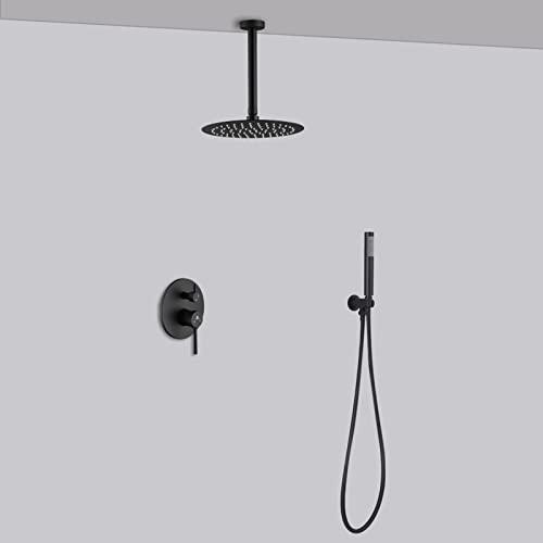 10 Inches Bathroom Rain Mixer Shower Combo Set Celling Mounted Rainfall Shower Head System Matte Black Finish Shower Faucet Rough-In Buylikepro