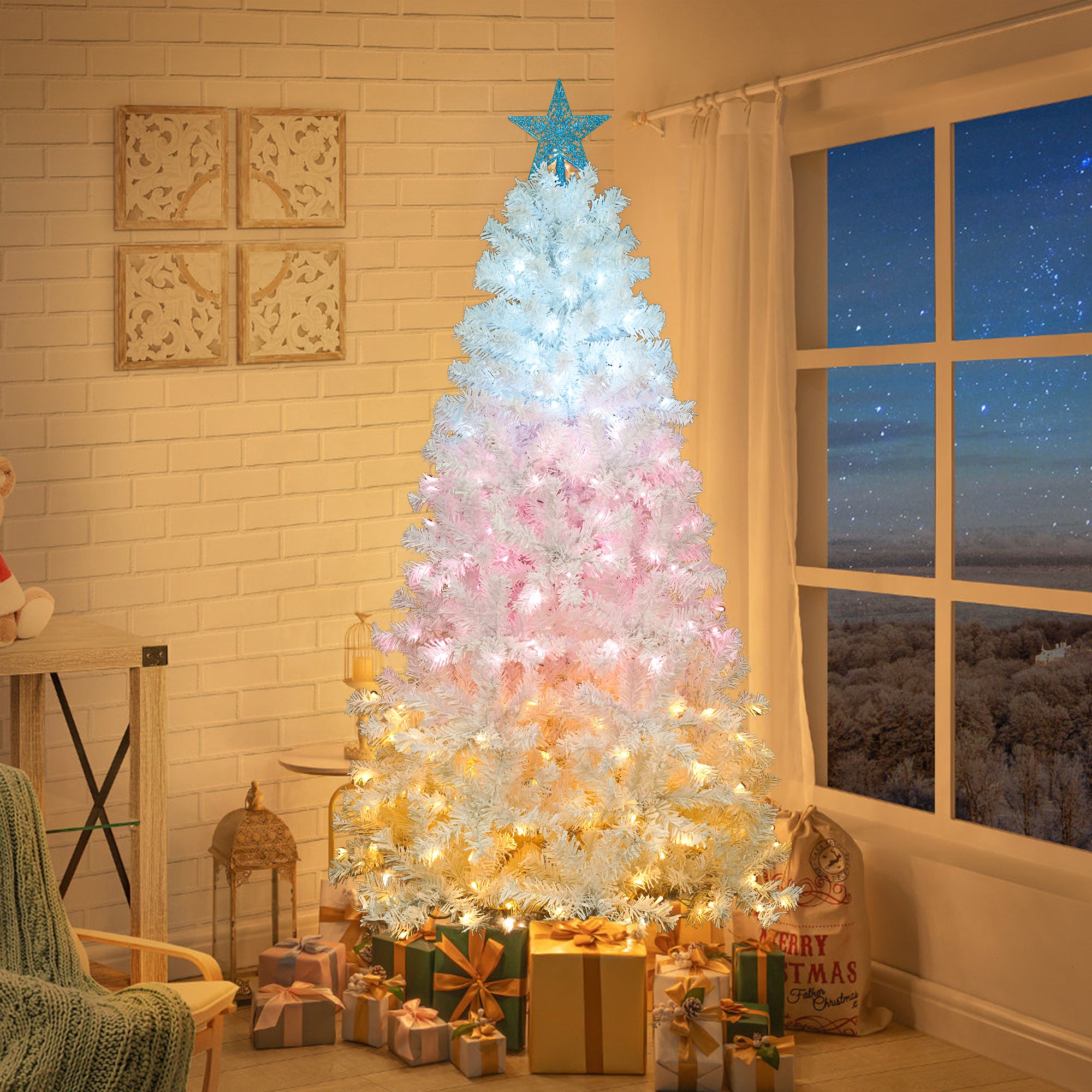 6ft Artificial Christmas Tree with 300 LED Lights and 600 Bendable Branches,Christmas Tree Holiday Decoration, Decorated Tree with Tri-Color LED Lights