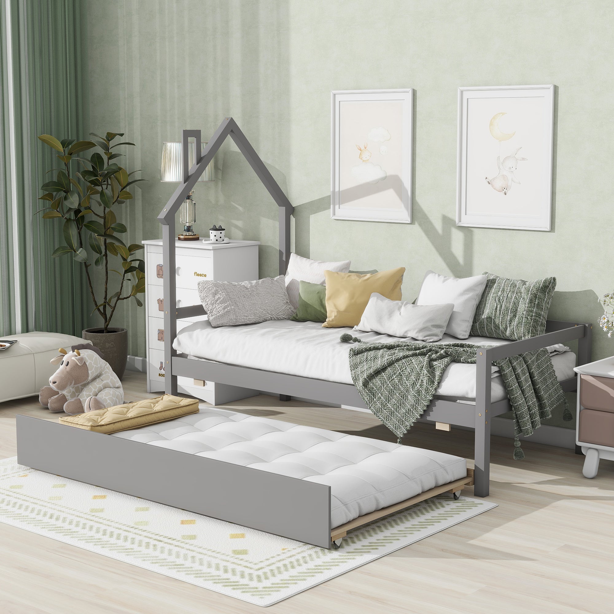 Twin Wooden Daybed with trundle, Twin House-Shaped Headboard bed with Guardrails,Grey