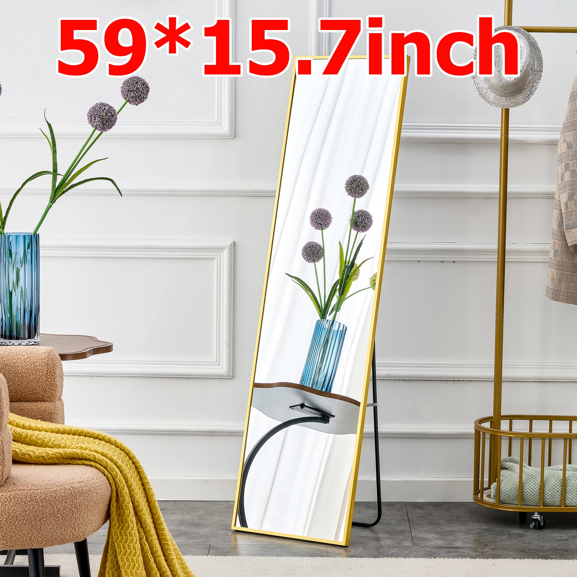 Aluminum alloy metal frame wall mounted full body mirror, bathroom makeup mirror, bedroom entrance, decorative mirror, quality upgrade, 59 "* 15.7"