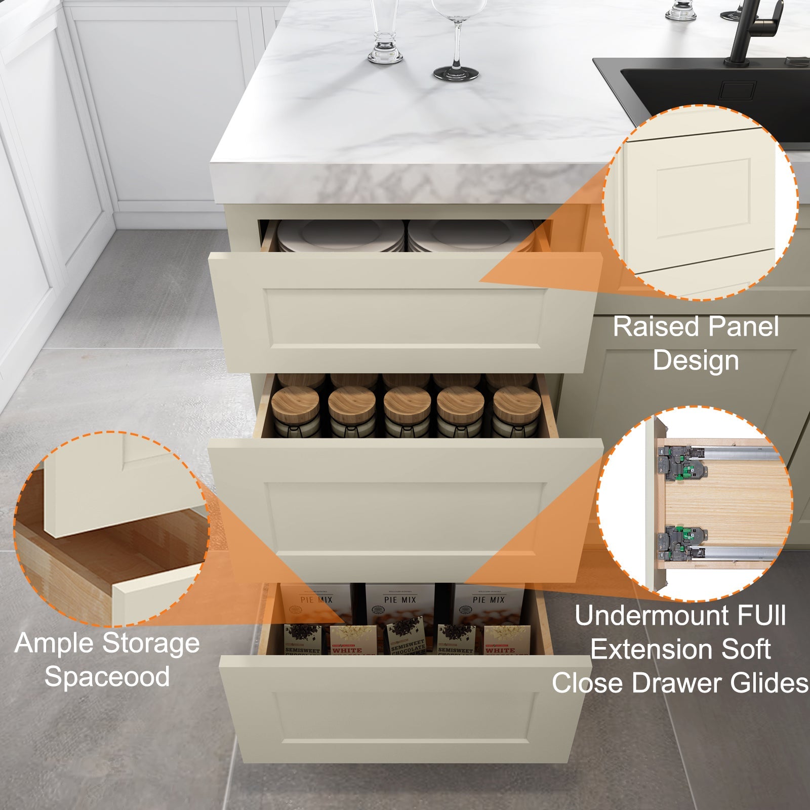 24"D Birch Solid Wood x 24"W x 34.5"H 3 Drawer Base Kitchen Cabinet 24" Wide 3DB24