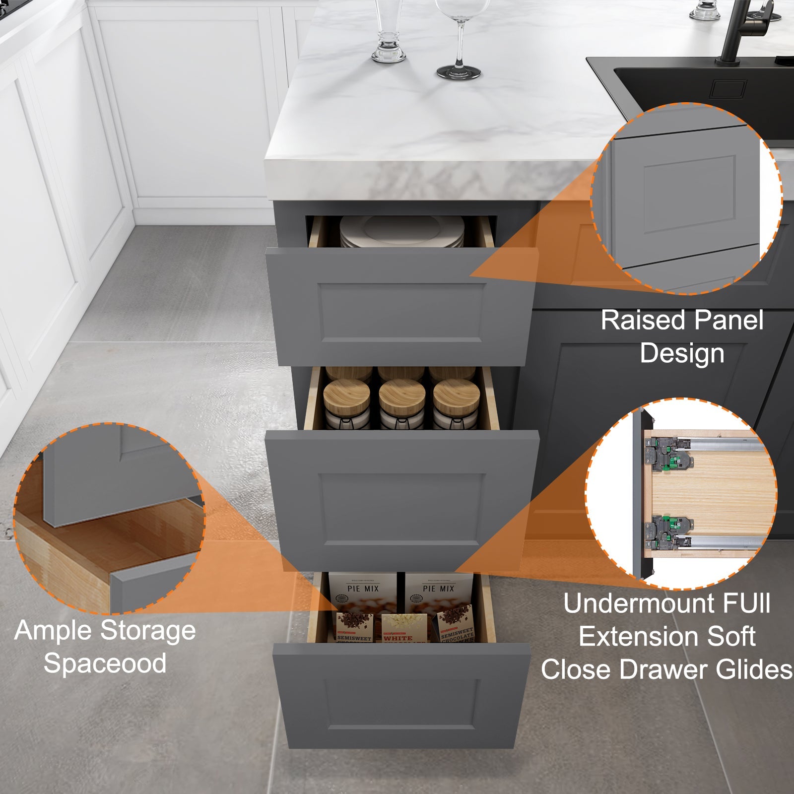 24"D Birch Solid Wood x 18"W x 34.5"H 3 Drawer Base Kitchen Cabinet 18" Wide 3DB18