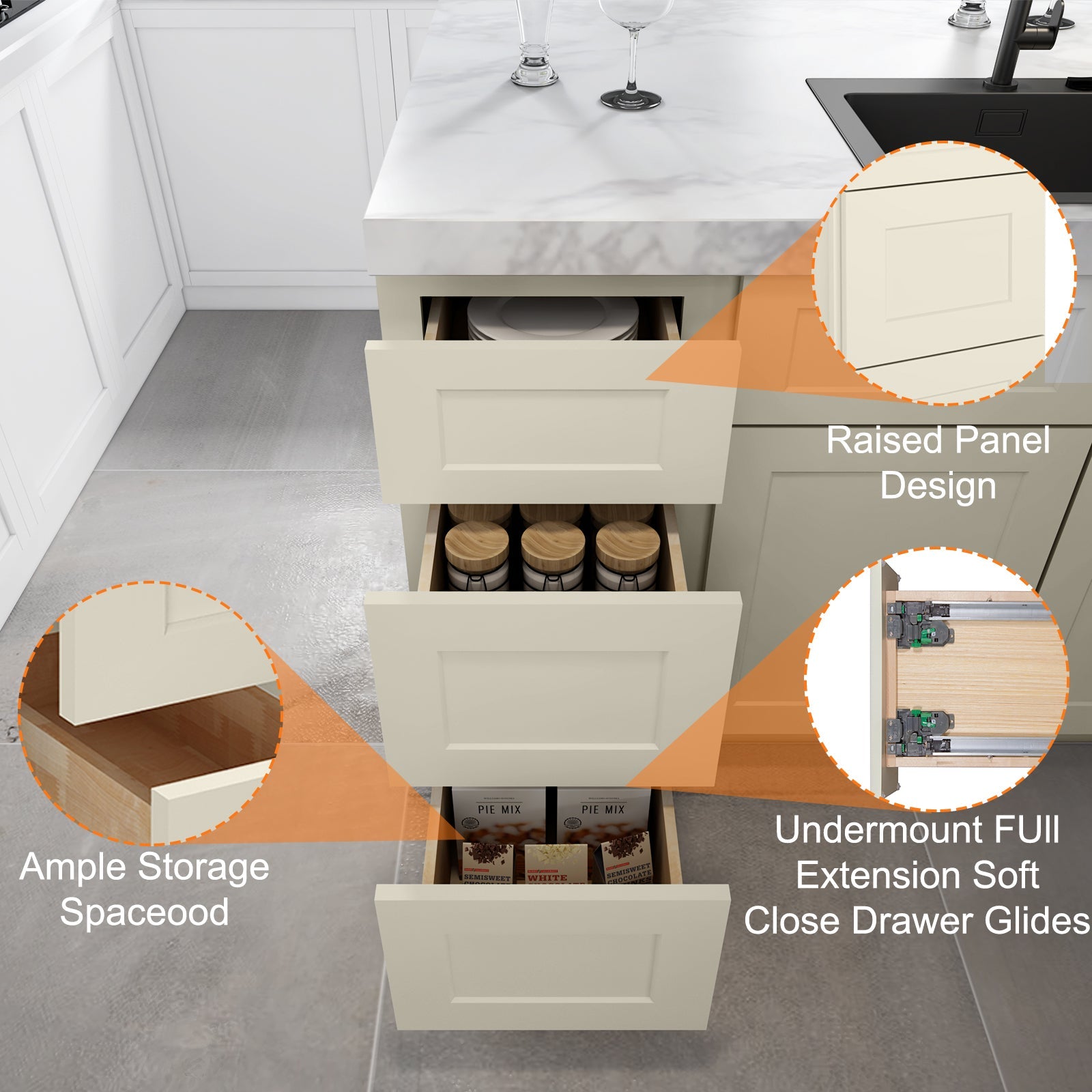 24"D Birch Solid Wood x 18"W x 34.5"H 3 Drawer Base Kitchen Cabinet 18" Wide 3DB18
