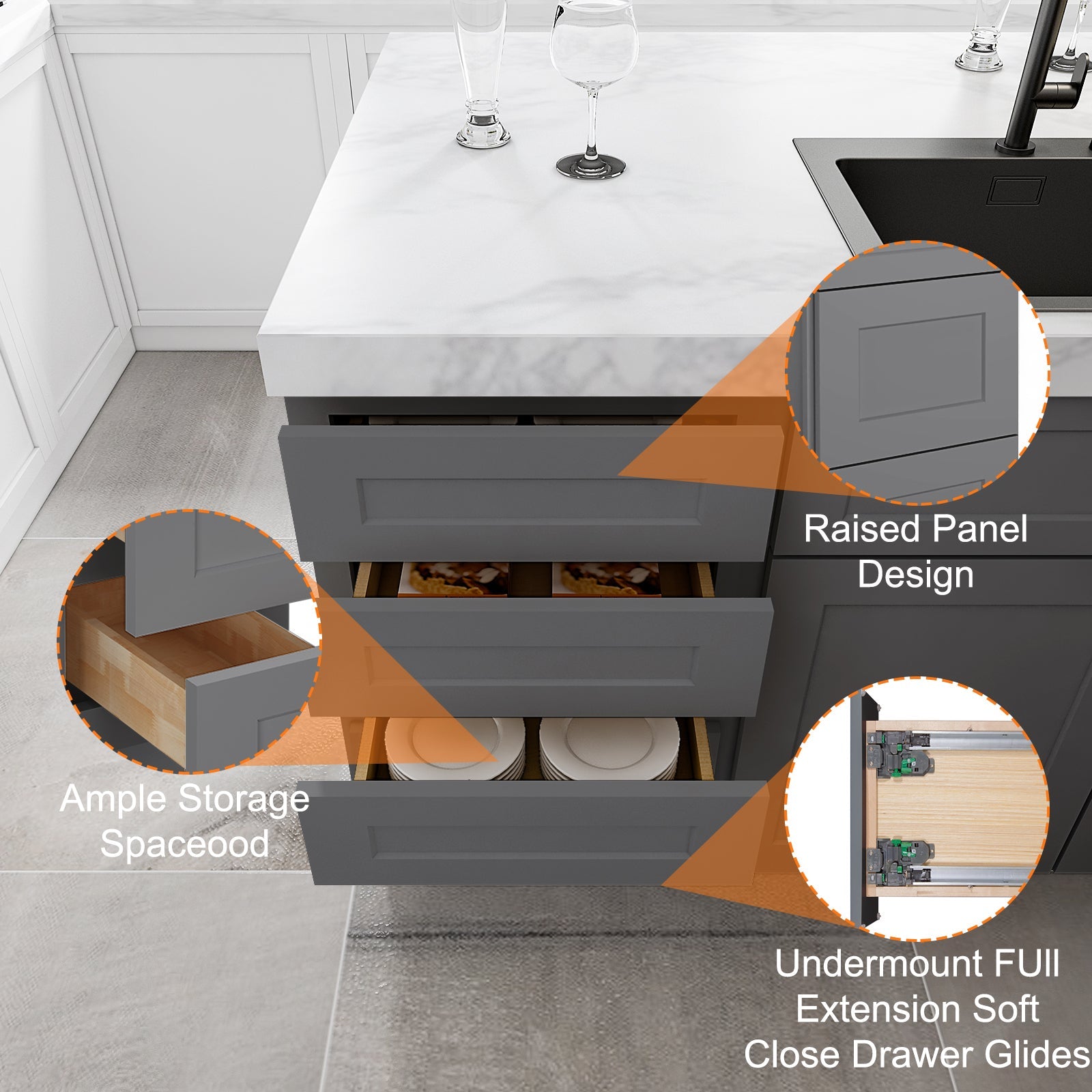 24"D Birch Solid Wood x 24"W x 34.5"H 3 Drawer Base Kitchen Cabinet 24" Wide 3DB24