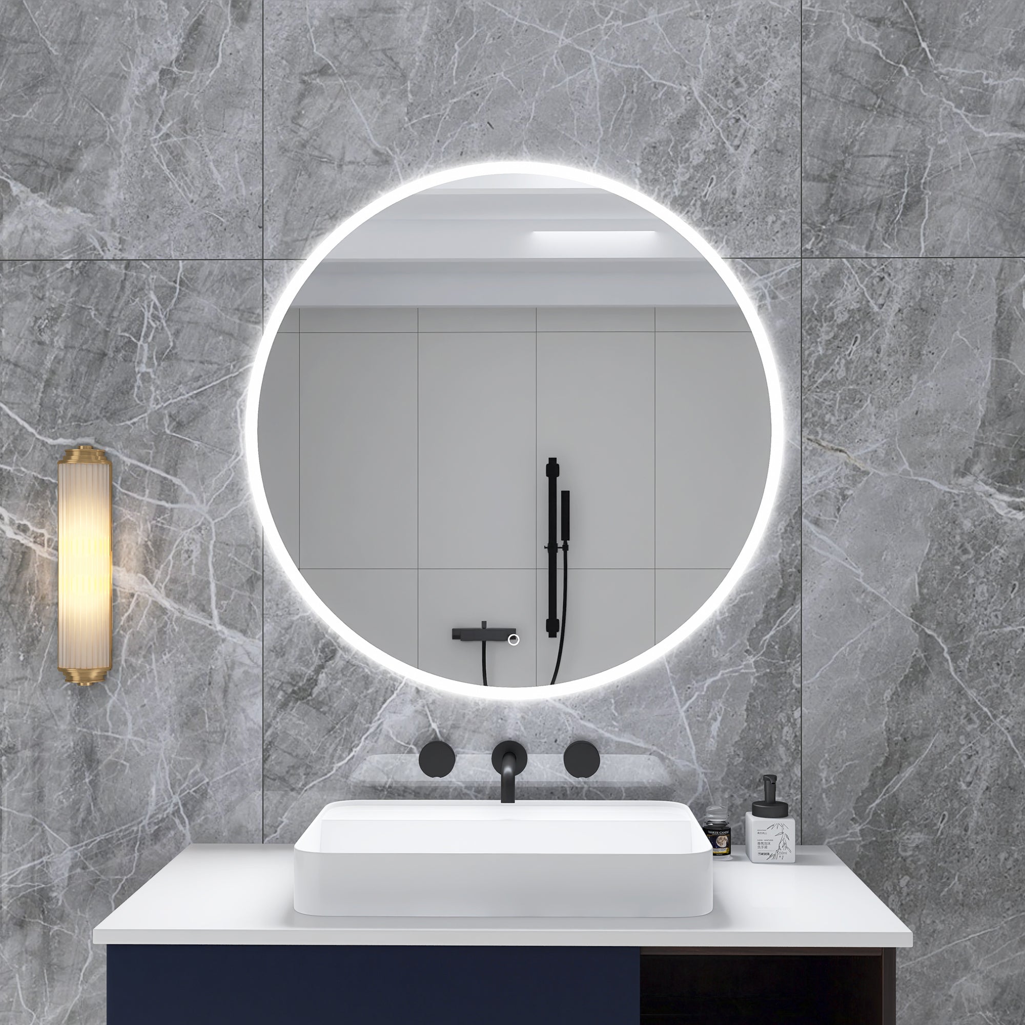 Round Wall-Mounted Dimmable LED Bathroom Vanity Mirror with Defogger and Bluetooth Music Speaker