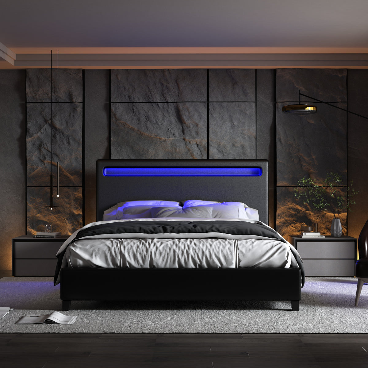 Queen Size Faux Leather Upholstered Platform Bed Frame with LED lighting, Wood Slat Support, No Box Spring Needed, Black