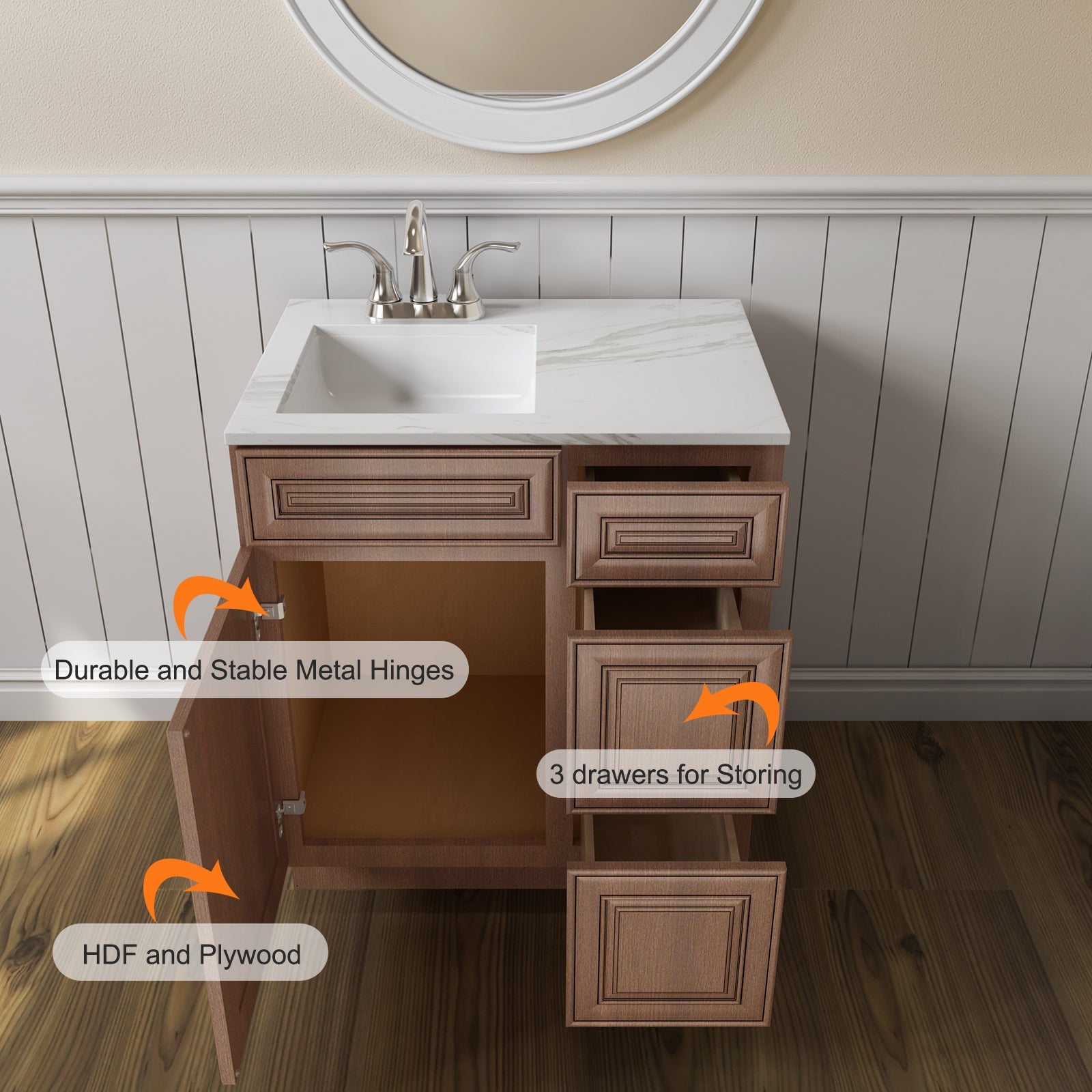 21"Dx30"Wx34-1/2"H Birch Solid Wood Bath Vanity Cabinet without Top V3021DR