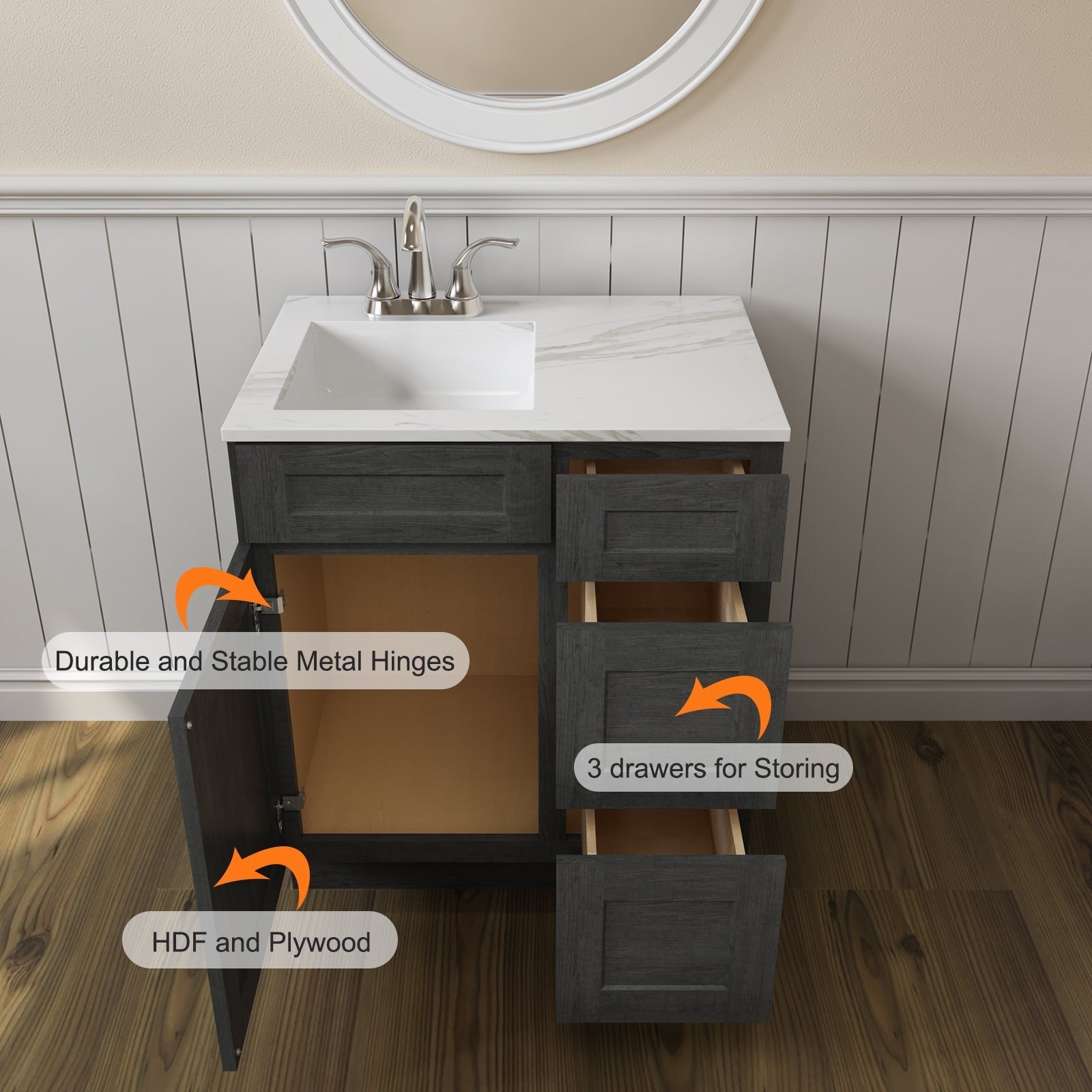 21"Dx30"Wx34-1/2"H Birch Solid Wood Bath Vanity Cabinet without Top V3021DR