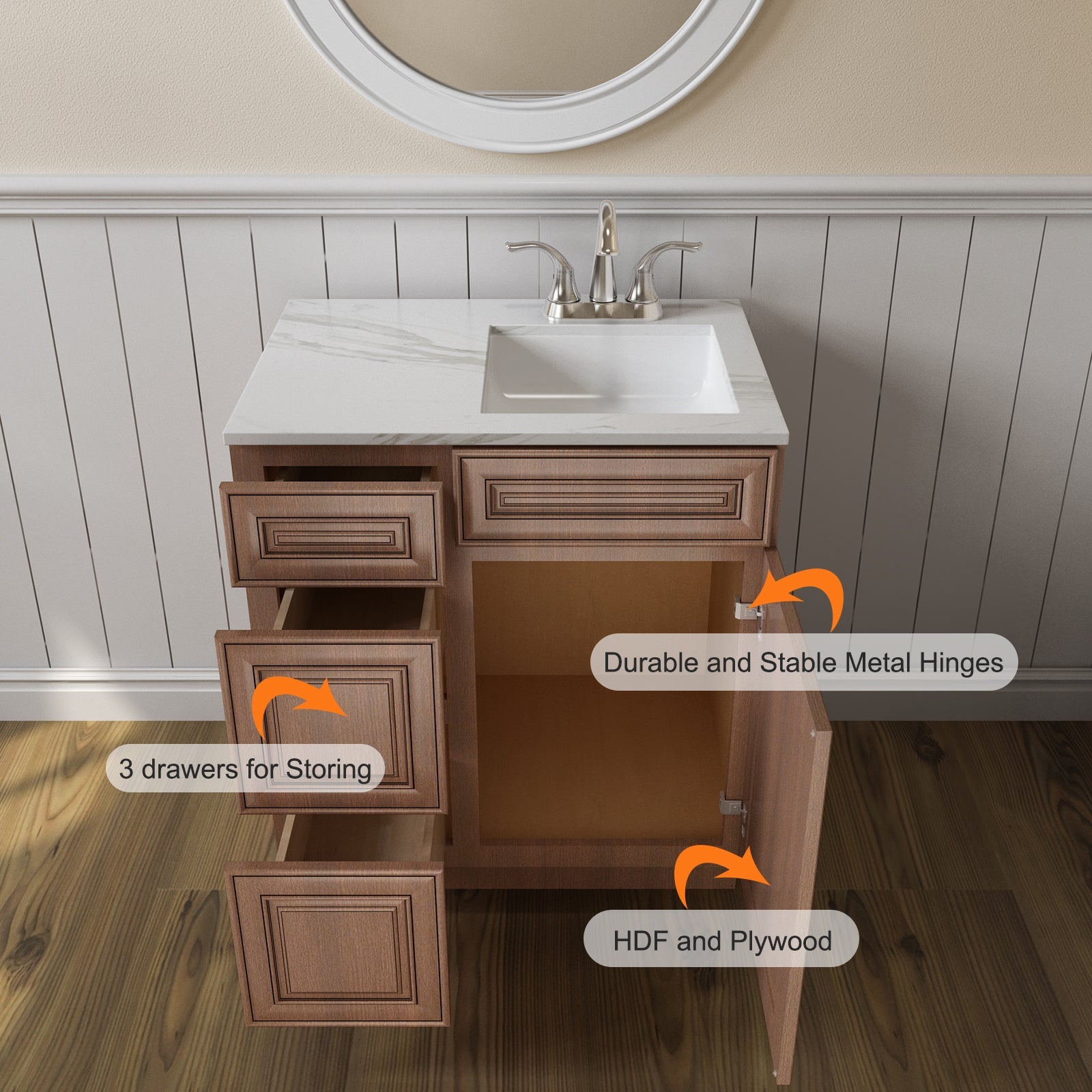 21"Dx30"Wx34-1/2"H Birch Solid Wood Bath Vanity Cabinet without Top V3021DL