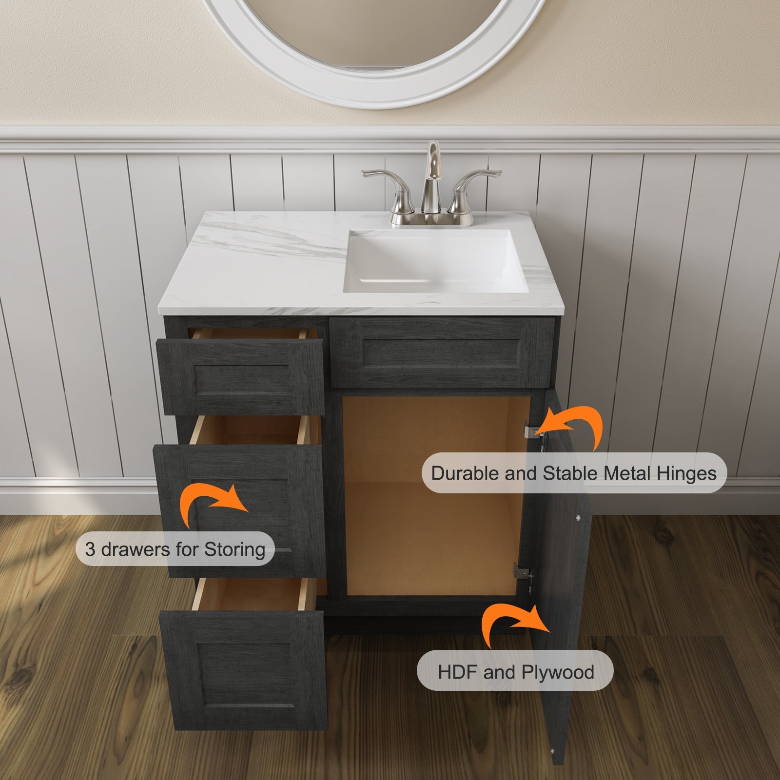 21"Dx30"Wx34-1/2"H Birch Solid Wood Bath Vanity Cabinet without Top V3021DL