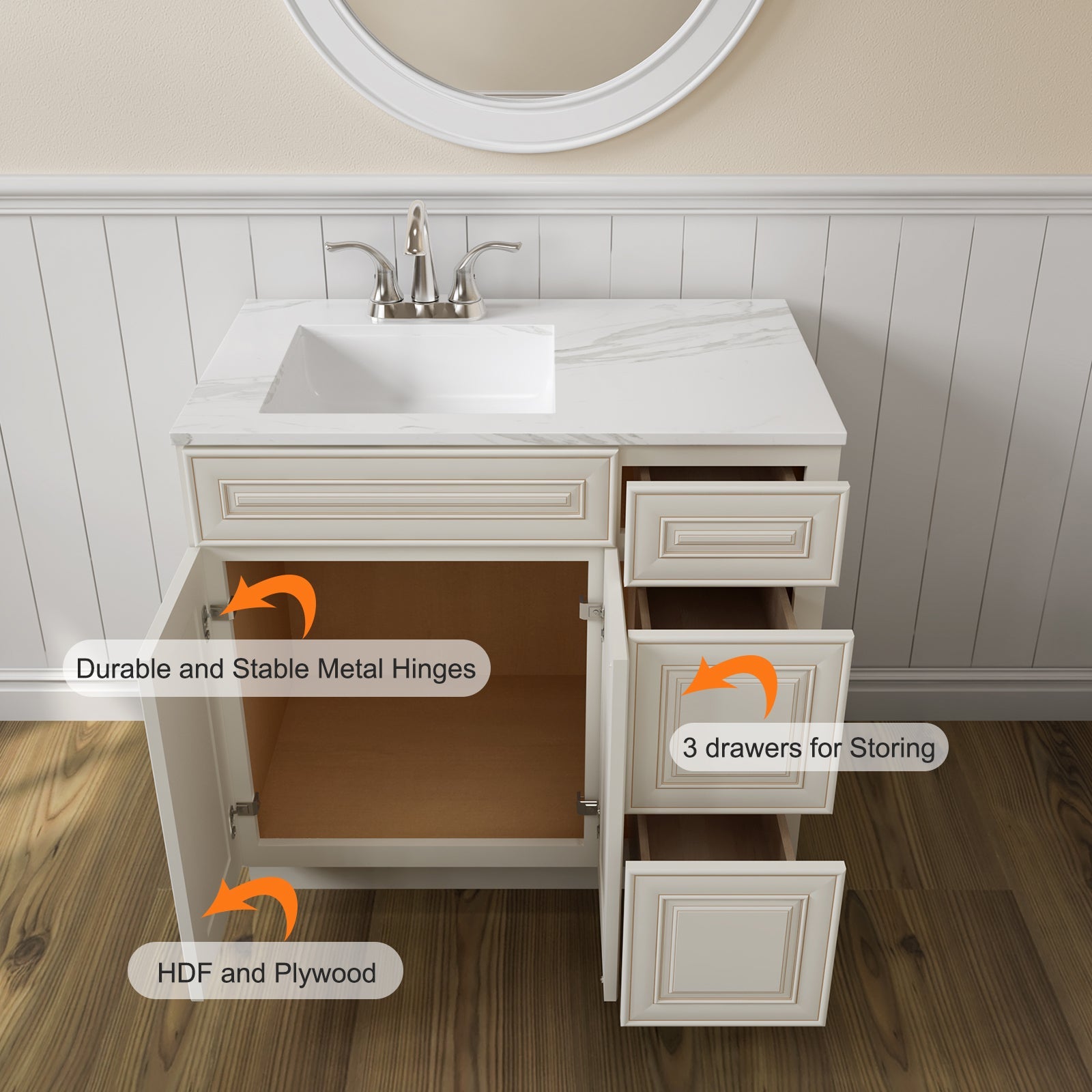 21"Dx36"Wx34-1/2"H Birch Solid Wood Bath Vanity Cabinet without Top V3621DR