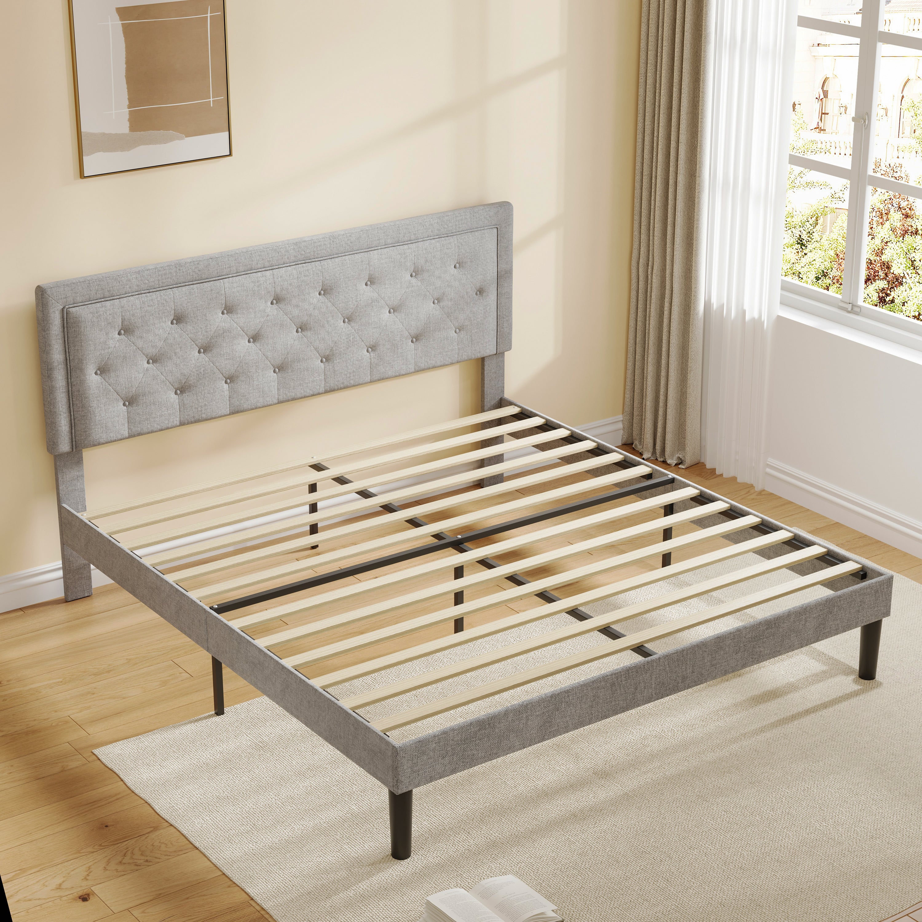 Light Grey Bed Frame with Adjustable Border Headboard King Size
