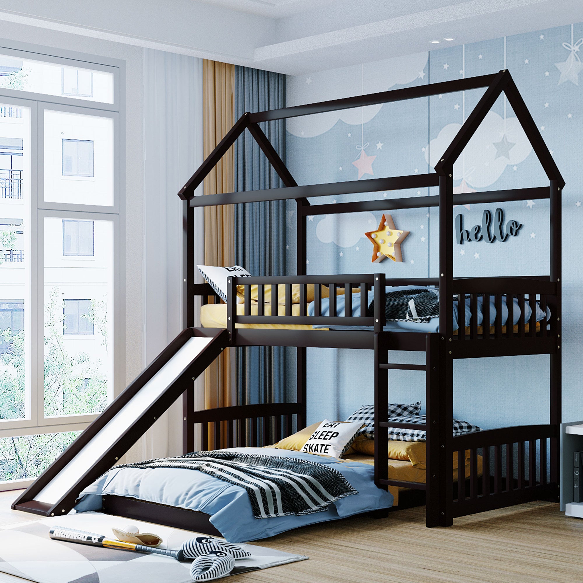 Twin Over Twin Bunk Bed with Slide, House Bed with Slide, Espresso(OLD SKU: LT000214AAP)