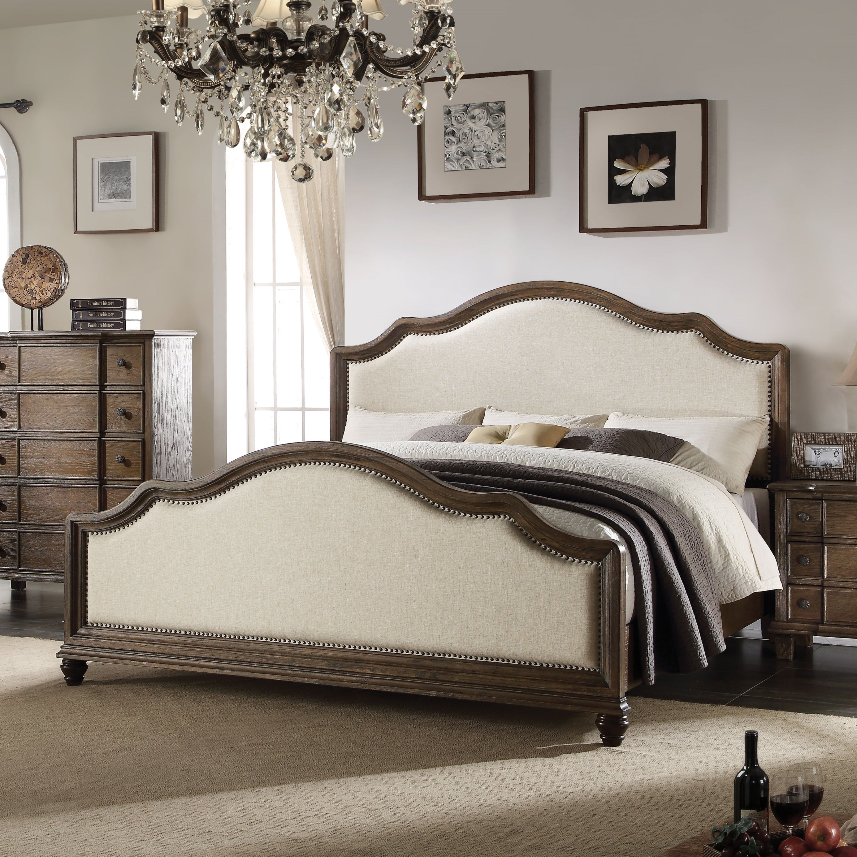 Baudouin Queen Bed in Beige Linen & Weathered Oak 26110Q