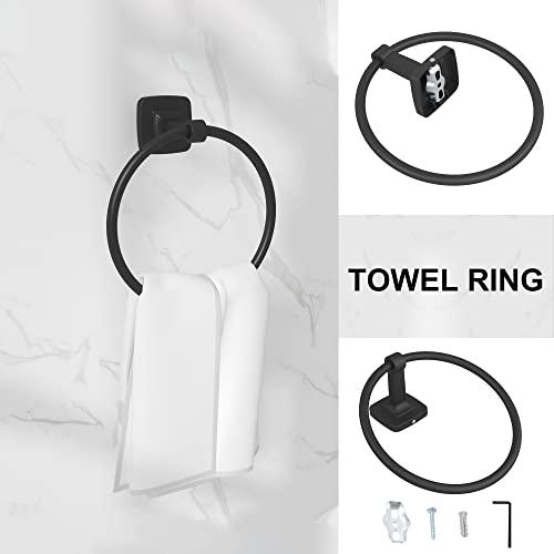 Bathroom Hardware Set Black 5-Piece, Double Towel Bar Toilet Paper Holder Wall Mount Towel Ring Robe Towel Hooks for Bathroom Stainless Steel Bath Accessories Kit Buylikepro