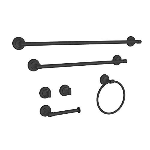 Bathroom Hardware Set Black 6-Piece, Double Towel Bar Toilet Paper Holder Wall Mount Towel Ring 2 Robe Towel Hooks for Bathroom Stainless Steel Bath Accessories Kit Buylikepro