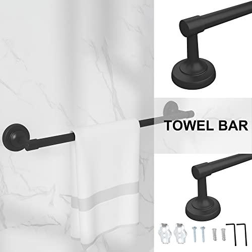 Bathroom Hardware Set Black 6-Piece, Double Towel Bar Toilet Paper Holder Wall Mount Towel Ring 2 Robe Towel Hooks for Bathroom Stainless Steel Bath Accessories Kit Buylikepro