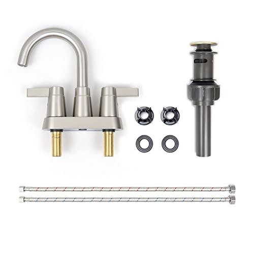 Bathroom Sink Faucet 3 Hole, Faucet for Bathroom Sink High Arc, Brushed Nickel Bathroom Faucet, 2-Handle Centerset Bathroom Faucet with Pop-up Drain and Water Supply Lines, 1.2 GPM Buylikepro