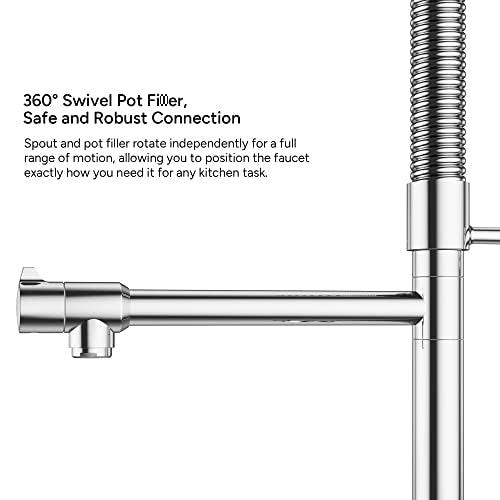 Commercial Kitchen Faucet with Pull Down Sprayer, Single Handle High Pressure Kitchen Sink Faucet with Pre-Rinse, Stainless Steel Kitchen Faucets with Pot Filler, Chrome Buylikepro