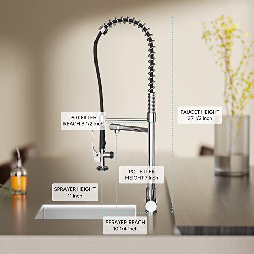 Commercial Kitchen Faucet with Pull Down Sprayer, Single Handle High Pressure Kitchen Sink Faucet with Pre-Rinse, Stainless Steel Kitchen Faucets with Pot Filler, Chrome Buylikepro