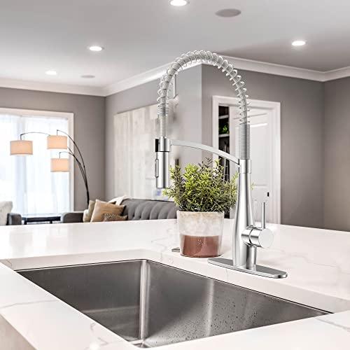 Commercial Kitchen Faucet with Sprayer, Single Handle Pull Down Kitchen Faucet, Modern Spring Kitchen Sink Faucet, 3 Hole Stainless Steel Kitchen Faucet Buylikepro