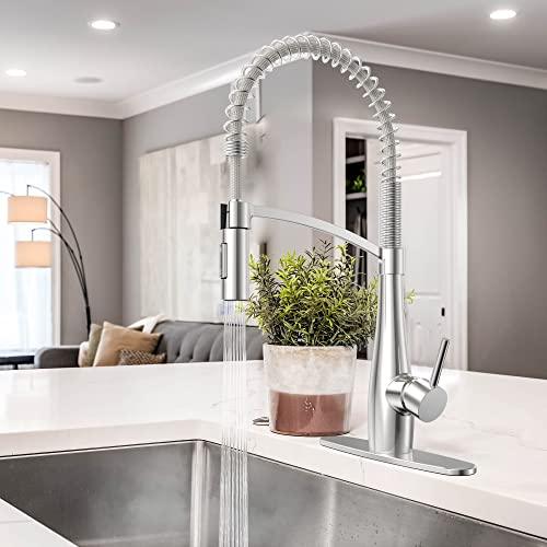 Commercial Kitchen Faucet with Sprayer, Single Handle Pull Down Kitchen Faucet, Modern Spring Kitchen Sink Faucet, 3 Hole Stainless Steel Kitchen Faucet Buylikepro