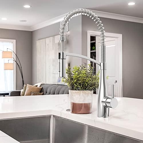 Commercial Kitchen Faucet with Sprayer, Single Handle Pull Down Kitchen Faucet, Modern Spring Kitchen Sink Faucet, Single Hole Stainless Steel Kitchen Faucet Buylikepro
