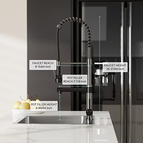 Commercial Pre-Rinse Kitchen Faucet with Pot Filler, Single Handle High Pressure Kitchen Sink Faucet, 2-Function Stainless Steel Kitchen Faucets with Pull Down Sprayer, Matte Black/Matte Grey Buylikepro
