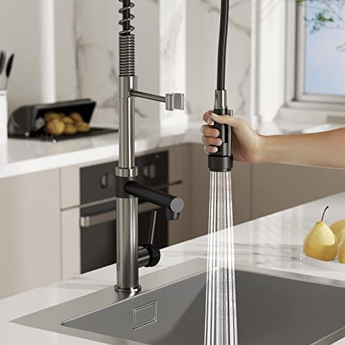 Commercial Pre-Rinse Kitchen Faucet with Pot Filler, Single Handle High Pressure Kitchen Sink Faucet, 2-Function Stainless Steel Kitchen Faucets with Pull Down Sprayer, Matte Black/Matte Grey Buylikepro