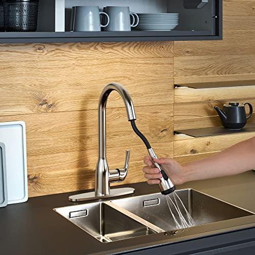 Kitchen Faucet with Pull Down Sprayer Brushed Nickel, 4-Function Single Handle Kitchen Sink Faucet, Modern 3 Hole Solid Brass Kitchen Faucet Buylikepro