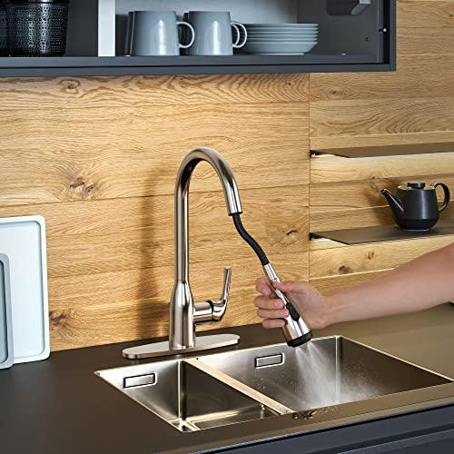 Kitchen Faucet with Pull Down Sprayer Brushed Nickel, 4-Function Single Handle Kitchen Sink Faucet, Modern 3 Hole Solid Brass Kitchen Faucet Buylikepro