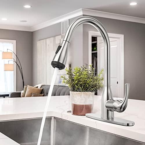 Kitchen Faucet with Pull Down Sprayer Brushed Nickel, 4-Function Single Handle Kitchen Sink Faucet, Modern 3 Hole Solid Brass Kitchen Faucet Buylikepro