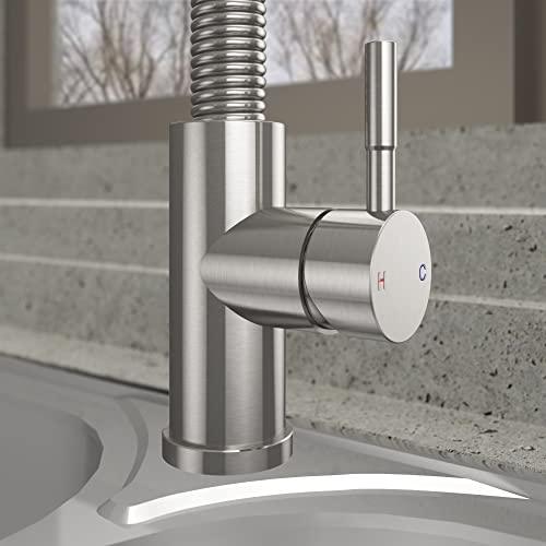 Kitchen Faucet with Pull-Down Sprayhead, Commercial Spring Kitchen Faucet, Modern Single Handle Kitchen Sink Faucet Brushed Nickel Buylikepro