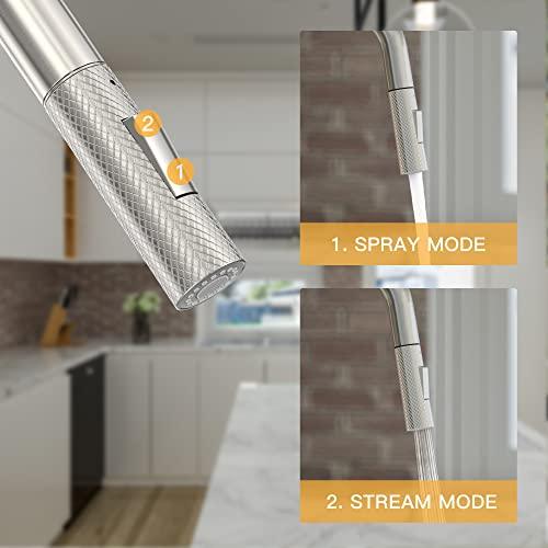 Modern Kitchen Sink Faucet, Stainless Steel Kitchen Faucet with Pull Down Sprayer Commercial Brushed Nickel Kitchen Faucet Single Handle High-Arc Spot-Resistant Buylikepro