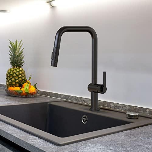 Modern Kitchen Sink Faucet, Stainless Steel Kitchen Faucet with Pull Down Sprayer Commercial Kitchen Faucet Single Handle High Arc Matte Black Faucet for Kitchen Sink Buylikepro
