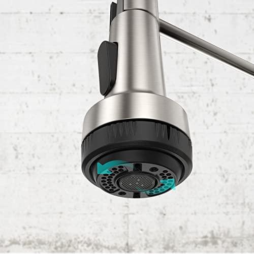 Pull Down Kitchen Faucet Brushed Nickel, 4-Function Single Handle Kitchen Sink Faucet, 3 Hole Kitchen Faucet with Sprayer, Modern Stainless Steel Faucet for Kitchen Sink Buylikepro