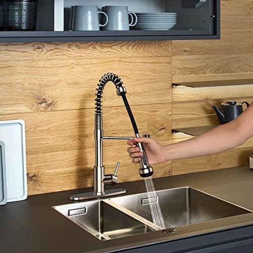 Pull Down Kitchen Faucet Brushed Nickel, 4-Function Single Handle Kitchen Sink Faucet, 3 Hole Kitchen Faucet with Sprayer, Modern Stainless Steel Faucet for Kitchen Sink Buylikepro