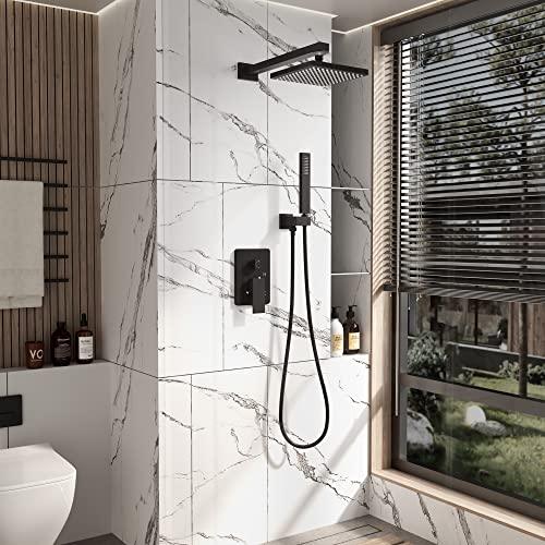 Rainfall Shower System Matte Black with High Pressure 8 inch Shower Head Hand Held Shower Head Bathroom Luxury Rain Mixer Shower Complete Combo Set Wall Mounted (Valve Included) Buylikepro
